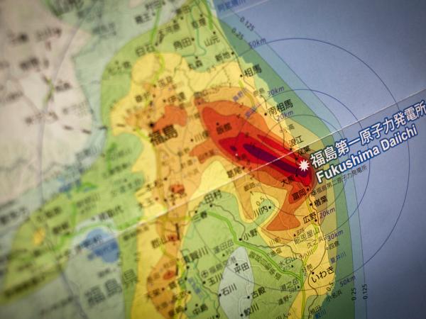 Karte der Region Fukushima in Japan, die die Ausbreitung der Strahlung nach der Atomkatastrophe im März 2011 im Kernkraftwerk Fukushima Daiichi zeigt.