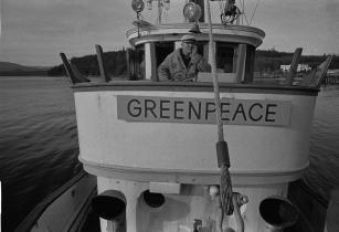 Captain John Cormack on bridge of Phyllis Cormack. Alert Bay. First Greenpeace protest against nuclear testing off NW coast of Canada.