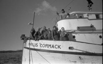 On board Phyllis Cormack during first Greenpeace protest voyage- against US nuclear tests off coast of Canada