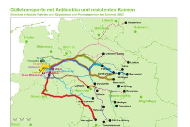 Abbildung von Routen von Gülle-Transportern durch Deutschland