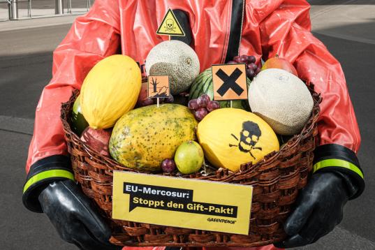 Mit einem Korb voller “giftiger” Südfrüchte, Schutzanzügen und Gasmasken zeigt ein Greenpeace-Aktivist die Gefahren des Handelsabkommens EU-Mercosur. Der Giftpakt soll europäischen Agro-Chemie-Konzernen ermöglichen, noch mehr gesundheitsschädigende Pestizide in Südamerika zu verkaufen. Mit importiertem Obst wie Papayas oder Melonen landen diese Gifte wiederum bei uns auf den Tellern (03/2023 Wien).