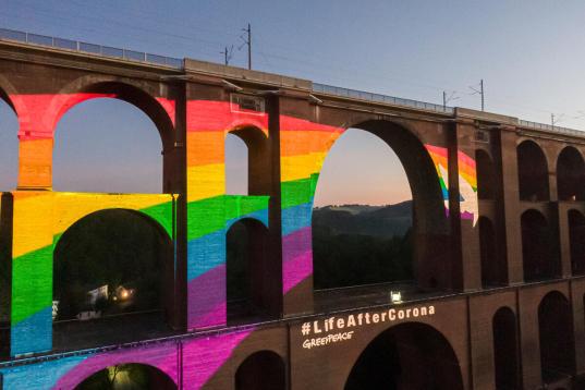 Rainbow Projection at Göltzsch Viaduct in Saxony (Aerial)