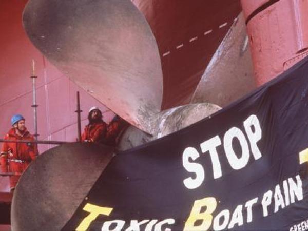 Greenpeace-Aktivisten hängen ein Banner an die Schiffsschraube der "MSC Carmen" in Antwerpen im Oktober 1999