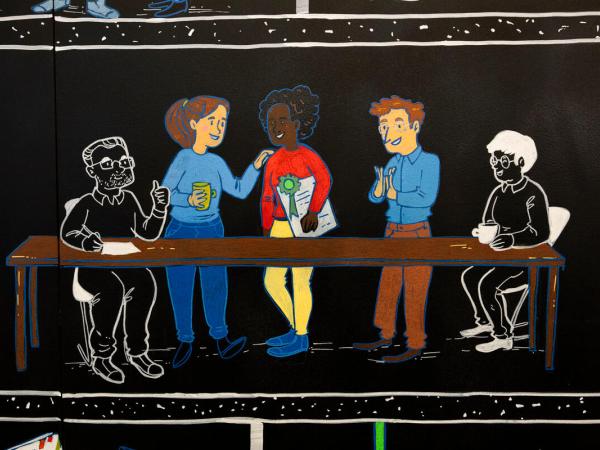 Illustration auf der fünf Menschen an einem Tisch zu sehen sind