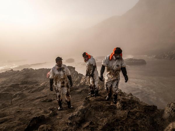 Arbeiter:innen klettern auf die Klippe des Cavero-Strandes, nachdem sie ihn von Öl gereinigt haben. 