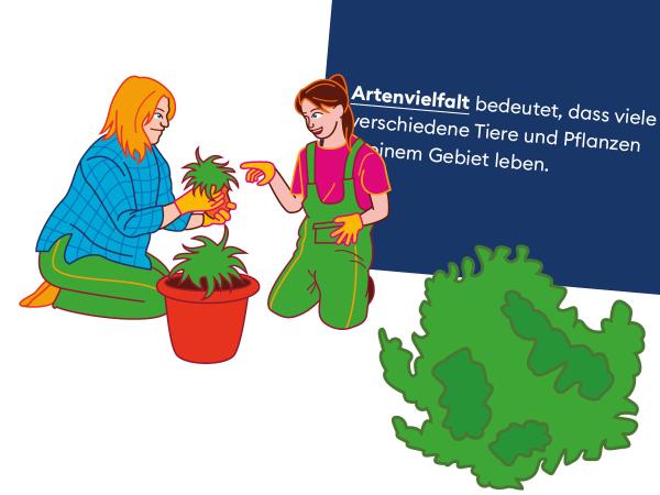 Illustration einer Lehrerin und einer Schülerin bei Gartenarbeit und der Begriffserklärung von Artenvielfalt 